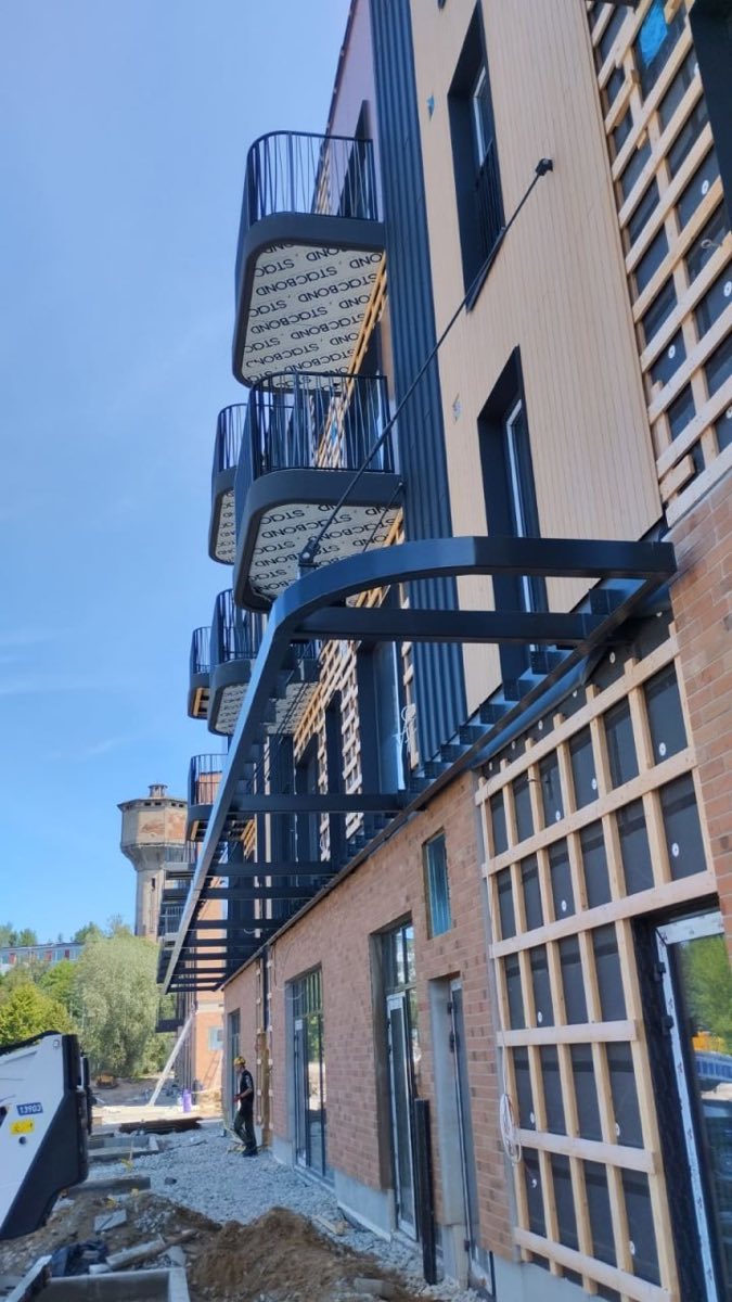 Installed steel balcony structures